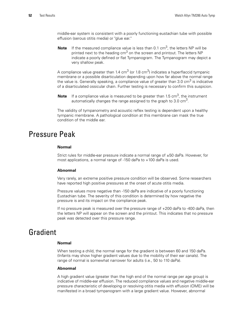 Pressure peak, Gradient, Pressure peak gradient | Welch Allyn TM286 Auto Tymp - User Manual User Manual | Page 56 / 72