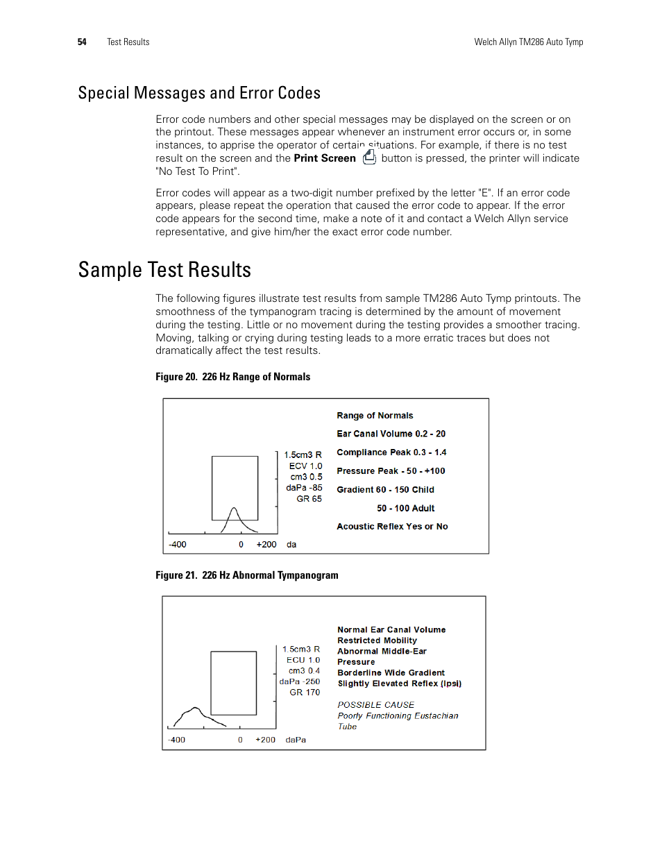 Sample test results, Special messages and error codes | Welch Allyn TM286 Auto Tymp - User Manual User Manual | Page 58 / 72