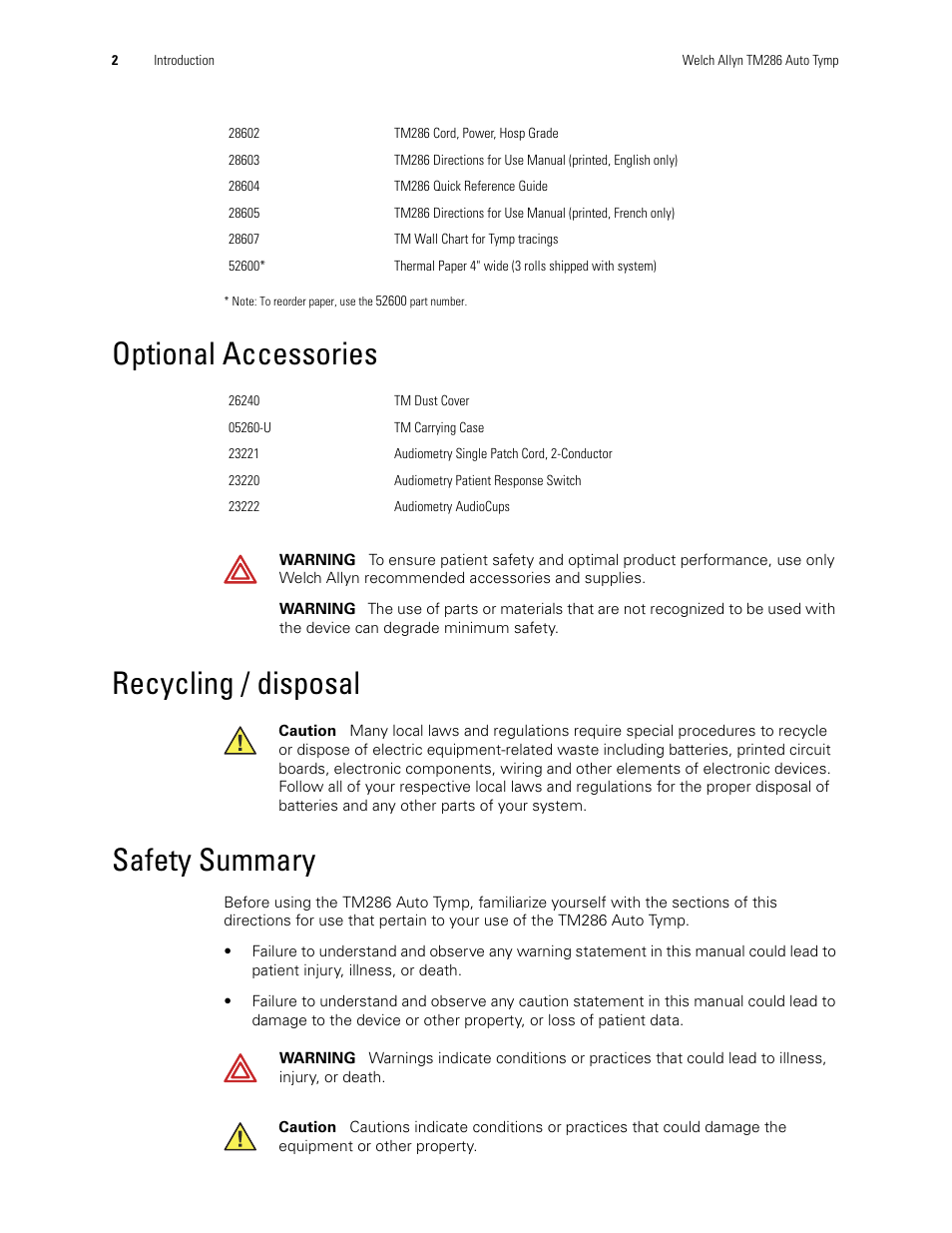 Optional accessories, Recycling / disposal, Safety summary | Welch Allyn TM286 Auto Tymp - User Manual User Manual | Page 6 / 72