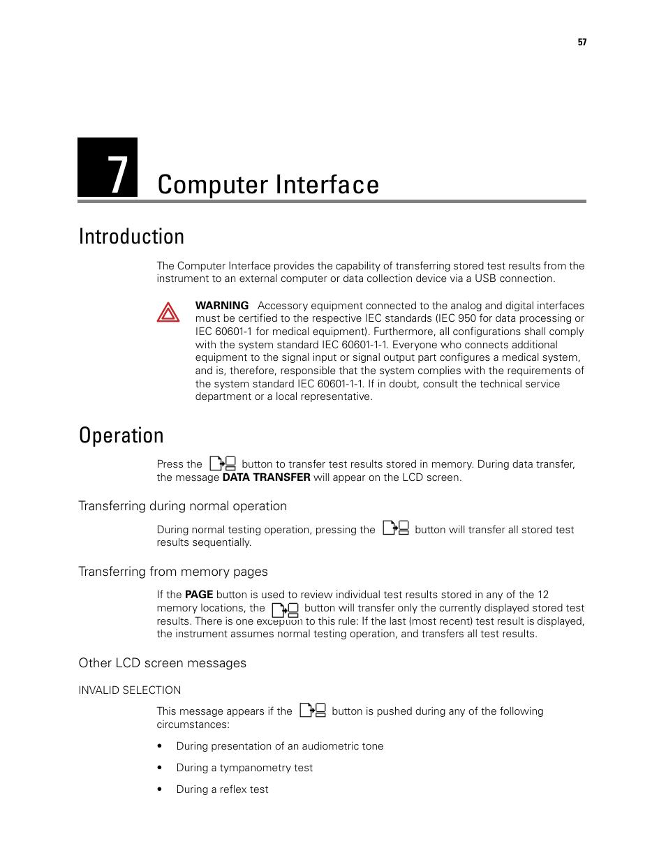 Computer interface, Introduction, Operation | 7 - computer interface, Introduction operation | Welch Allyn TM286 Auto Tymp - User Manual User Manual | Page 61 / 72