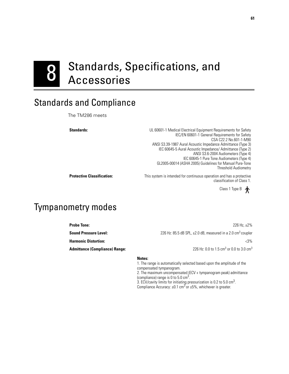 Standards, specifications, and accessories, Standards and compliance, Tympanometry modes | 8 - standards, specifications, and accessories, Standards and compliance tympanometry modes | Welch Allyn TM286 Auto Tymp - User Manual User Manual | Page 65 / 72