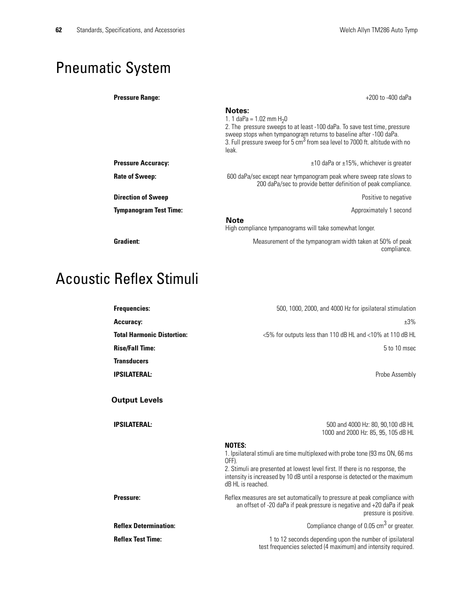 Pneumatic system, Acoustic reflex stimuli, Pneumatic system acoustic reflex stimuli | Welch Allyn TM286 Auto Tymp - User Manual User Manual | Page 66 / 72