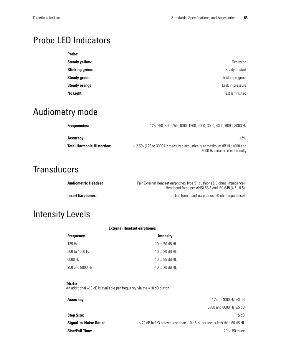 Probe led indicators, Audiometry mode, Transducers | Intensity levels, Probe led indicators audiometry mode transducers | Welch Allyn TM286 Auto Tymp - User Manual User Manual | Page 67 / 72