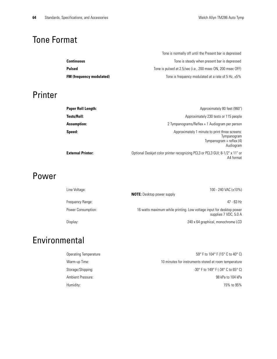 Tone format, Printer, Power | Environmental, Tone format printer power environmental | Welch Allyn TM286 Auto Tymp - User Manual User Manual | Page 68 / 72