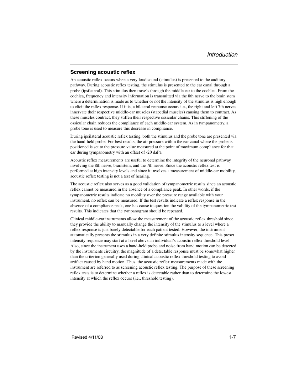 Screening acoustic reflex, Screening acoustic reflex -7, Introduction | Welch Allyn TM 262 Auto Tymp - User Manual User Manual | Page 15 / 92