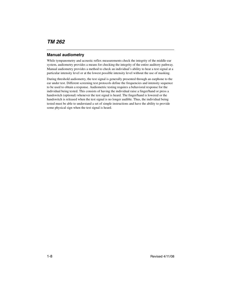 Manual audiometry, Manual audiometry -8, Tm 262 | Welch Allyn TM 262 Auto Tymp - User Manual User Manual | Page 16 / 92