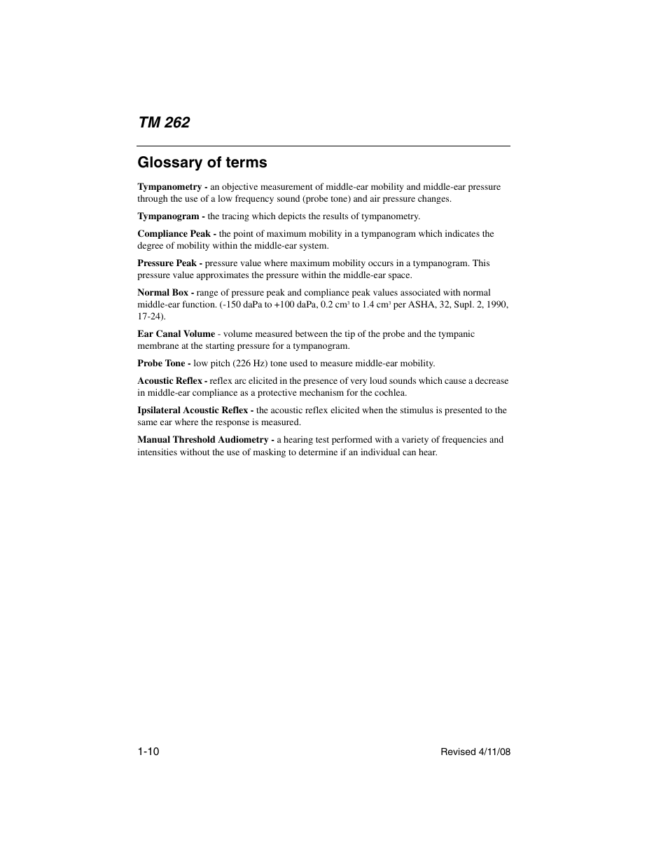 Glossary of terms, Glossary of terms -10, Tm 262 | Welch Allyn TM 262 Auto Tymp - User Manual User Manual | Page 18 / 92