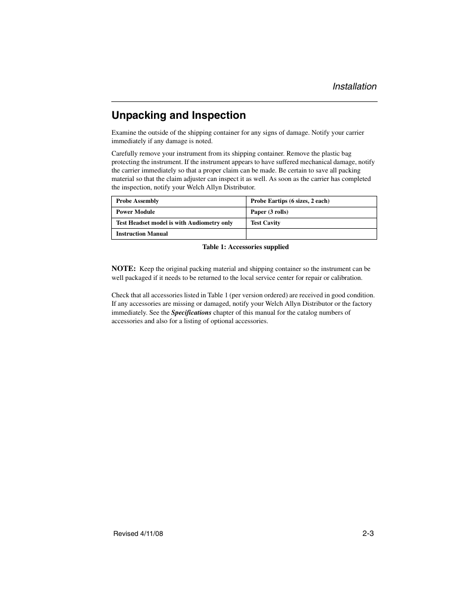 Unpacking and inspection, Unpacking and inspection -3, Installation | Welch Allyn TM 262 Auto Tymp - User Manual User Manual | Page 21 / 92