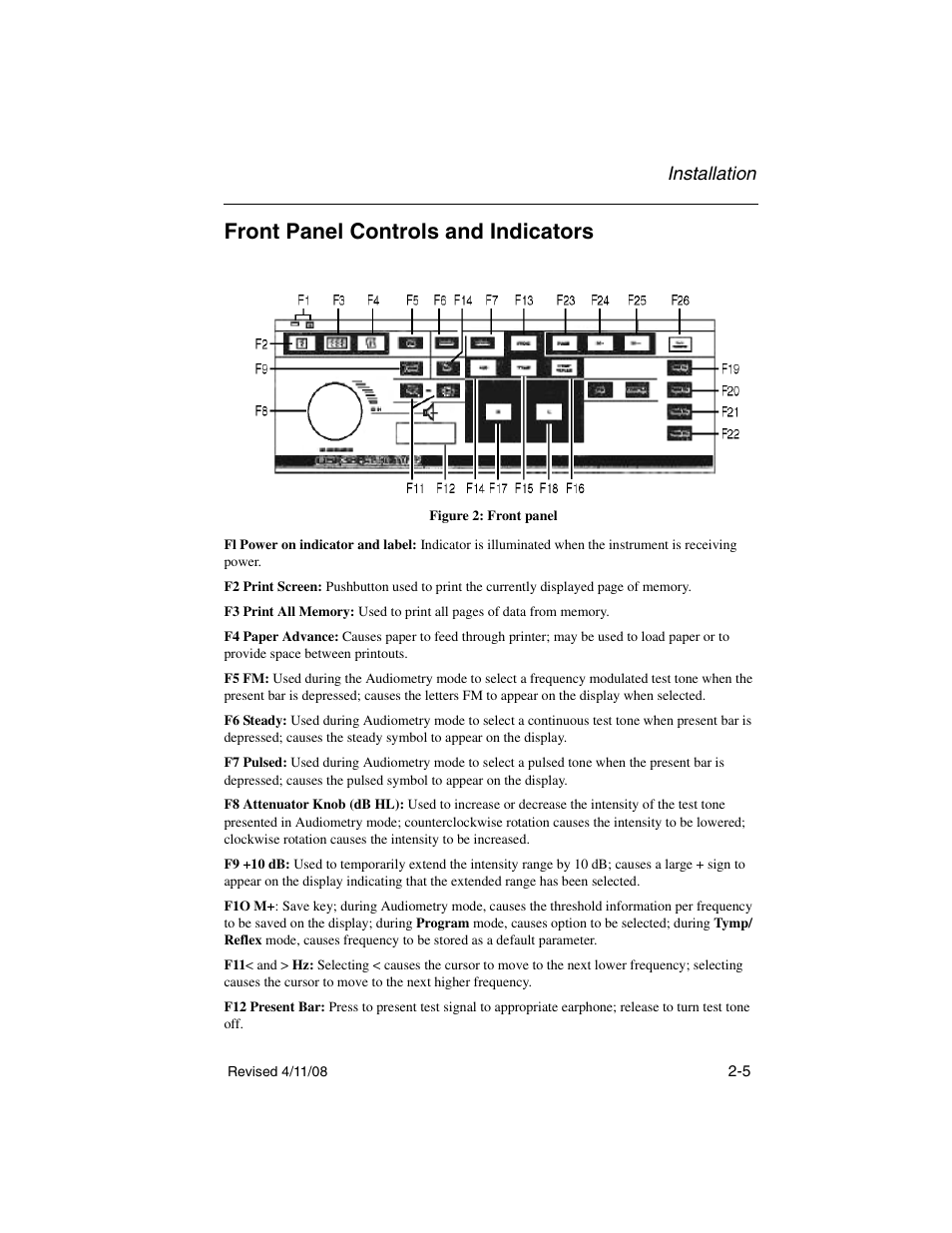 Front panel controls and indicators, Front panel controls and indicators -5, Installation | Welch Allyn TM 262 Auto Tymp - User Manual User Manual | Page 23 / 92