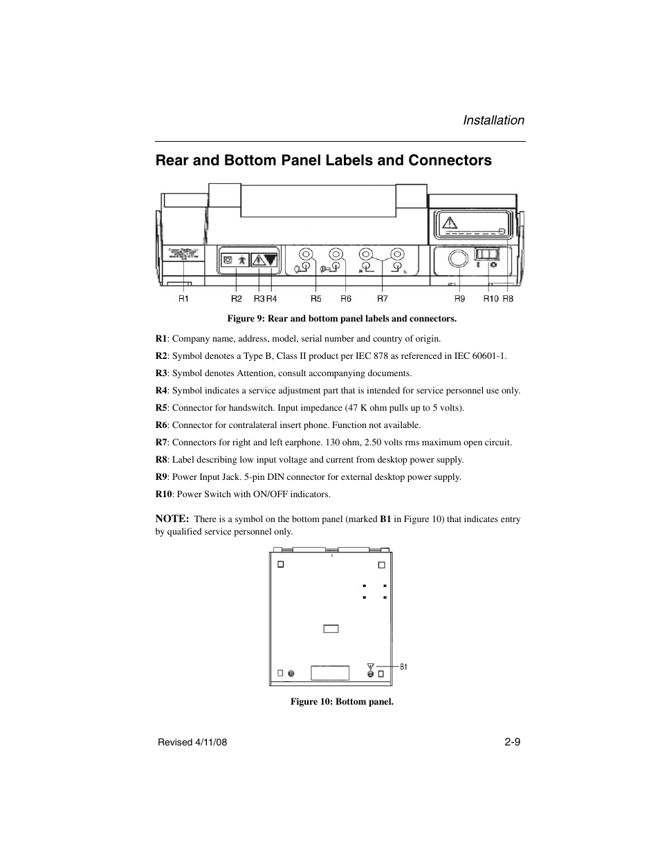 Rear and bottom panel labels and connectors, Rear and bottom panel labels and connectors -9, Installation | Welch Allyn TM 262 Auto Tymp - User Manual User Manual | Page 27 / 92