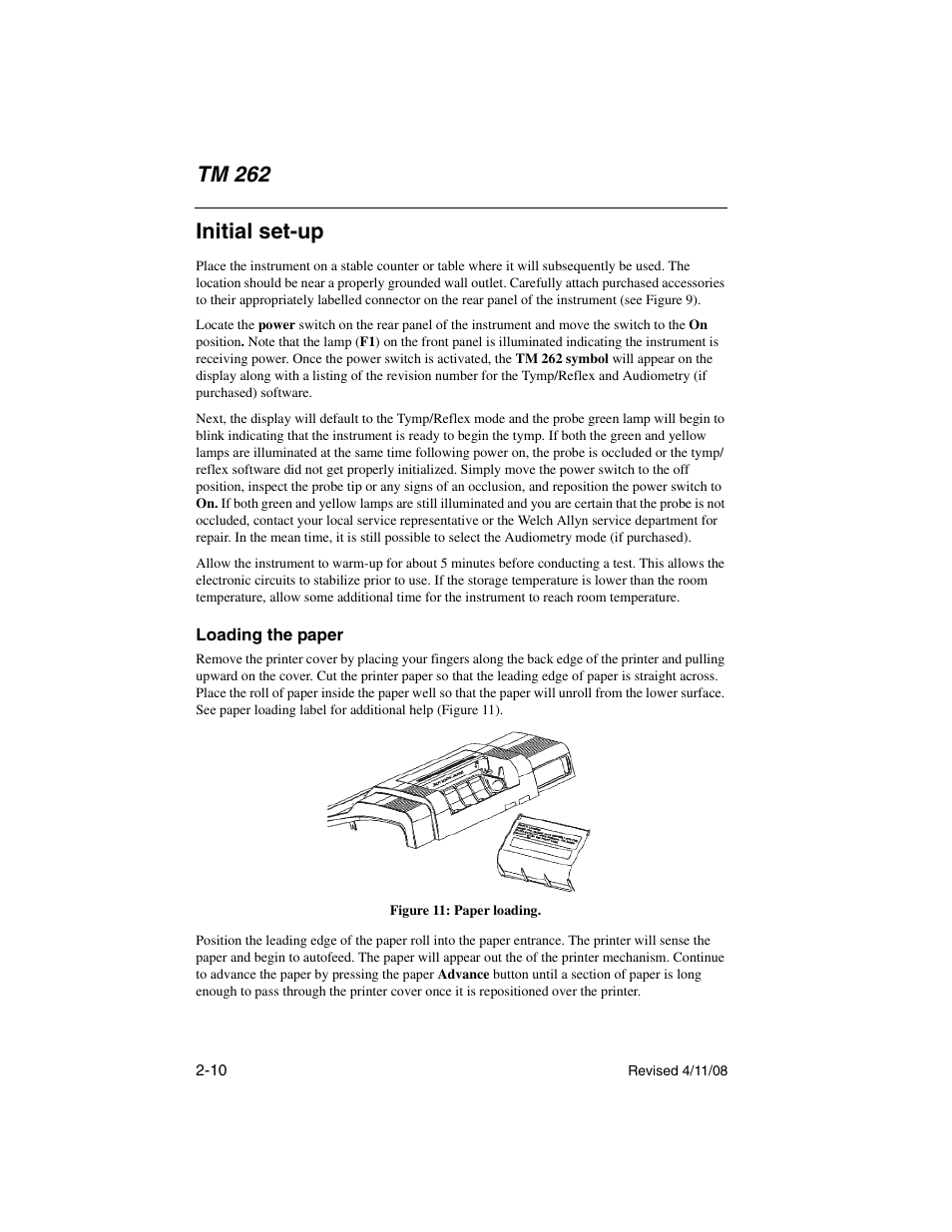 Initial set-up, Loading the paper, Initial set-up -10 loading the paper -10 | Tm 262 | Welch Allyn TM 262 Auto Tymp - User Manual User Manual | Page 28 / 92
