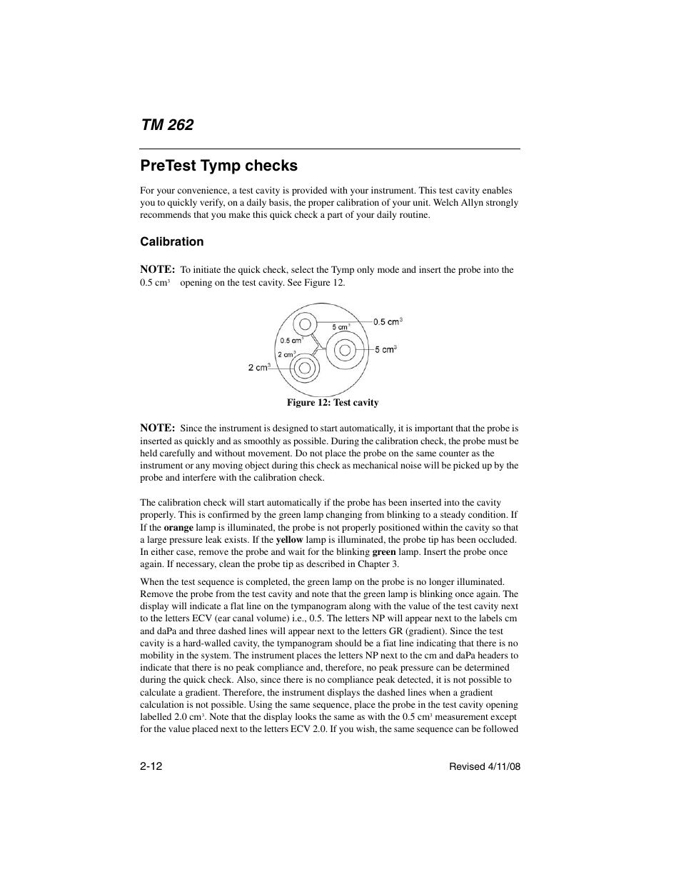 Pretest tymp checks, Calibration, Pretest tymp checks -12 calibration -12 | Tm 262 | Welch Allyn TM 262 Auto Tymp - User Manual User Manual | Page 30 / 92