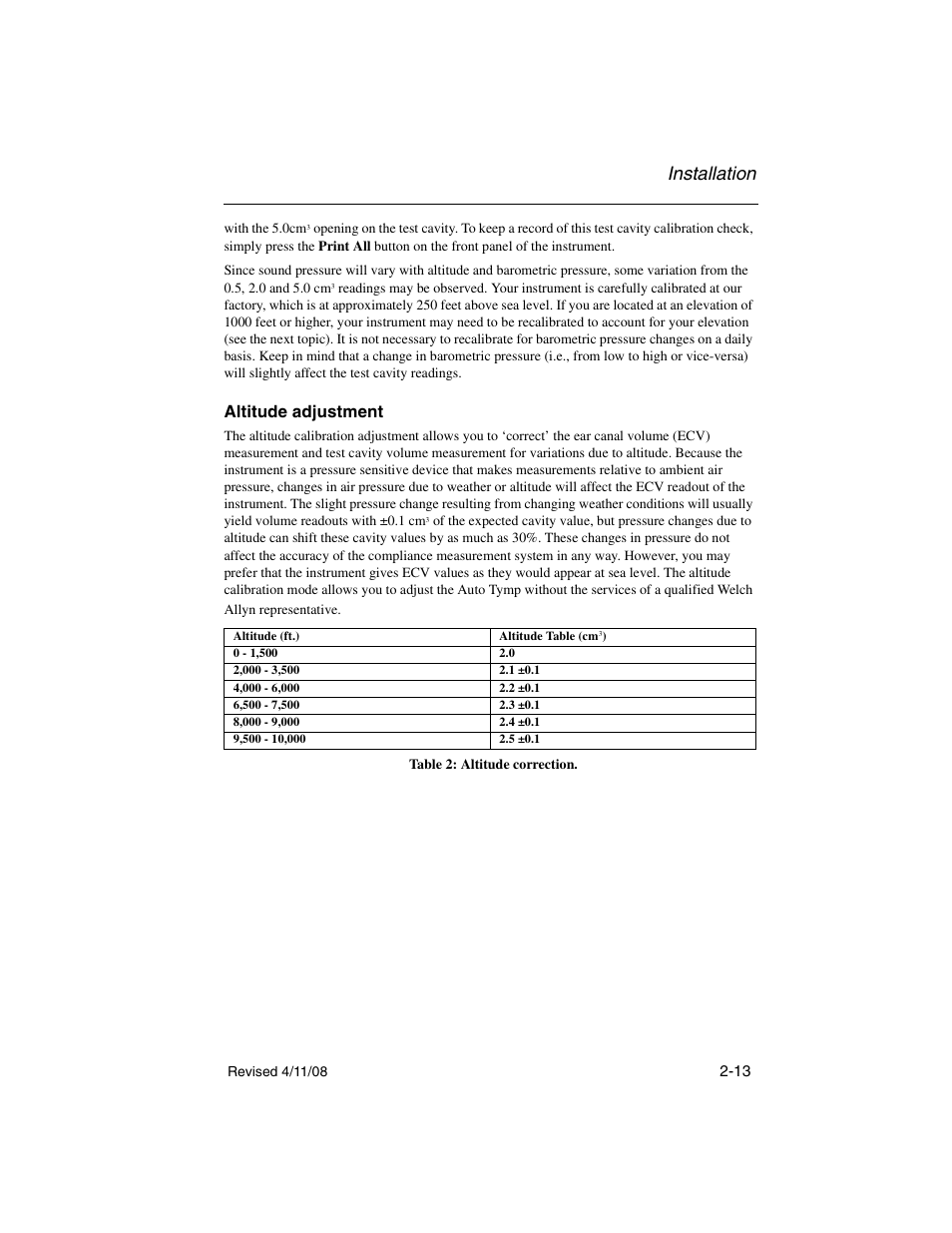 Altitude adjustment, Altitude adjustment -13, Installation | Welch Allyn TM 262 Auto Tymp - User Manual User Manual | Page 31 / 92