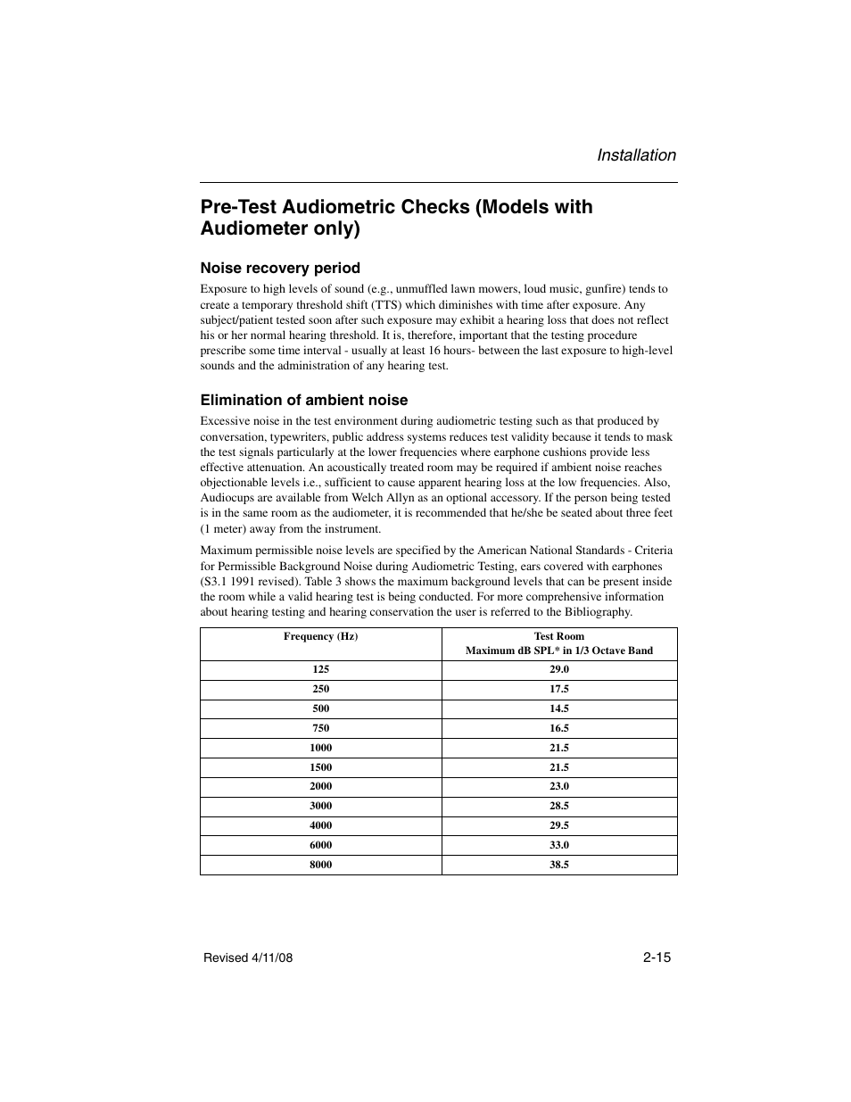 Noise recovery period, Elimination of ambient noise, Installation | Welch Allyn TM 262 Auto Tymp - User Manual User Manual | Page 33 / 92