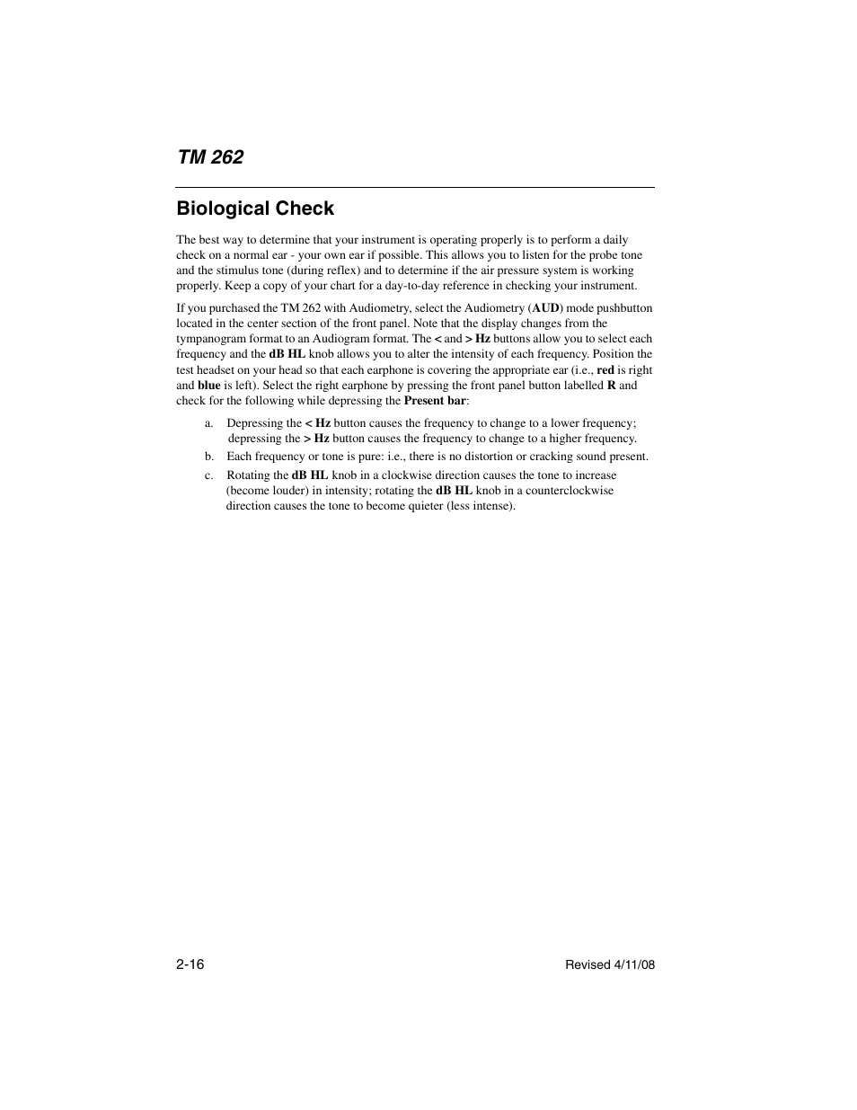 Biological check, Biological check -16, Tm 262 | Welch Allyn TM 262 Auto Tymp - User Manual User Manual | Page 34 / 92