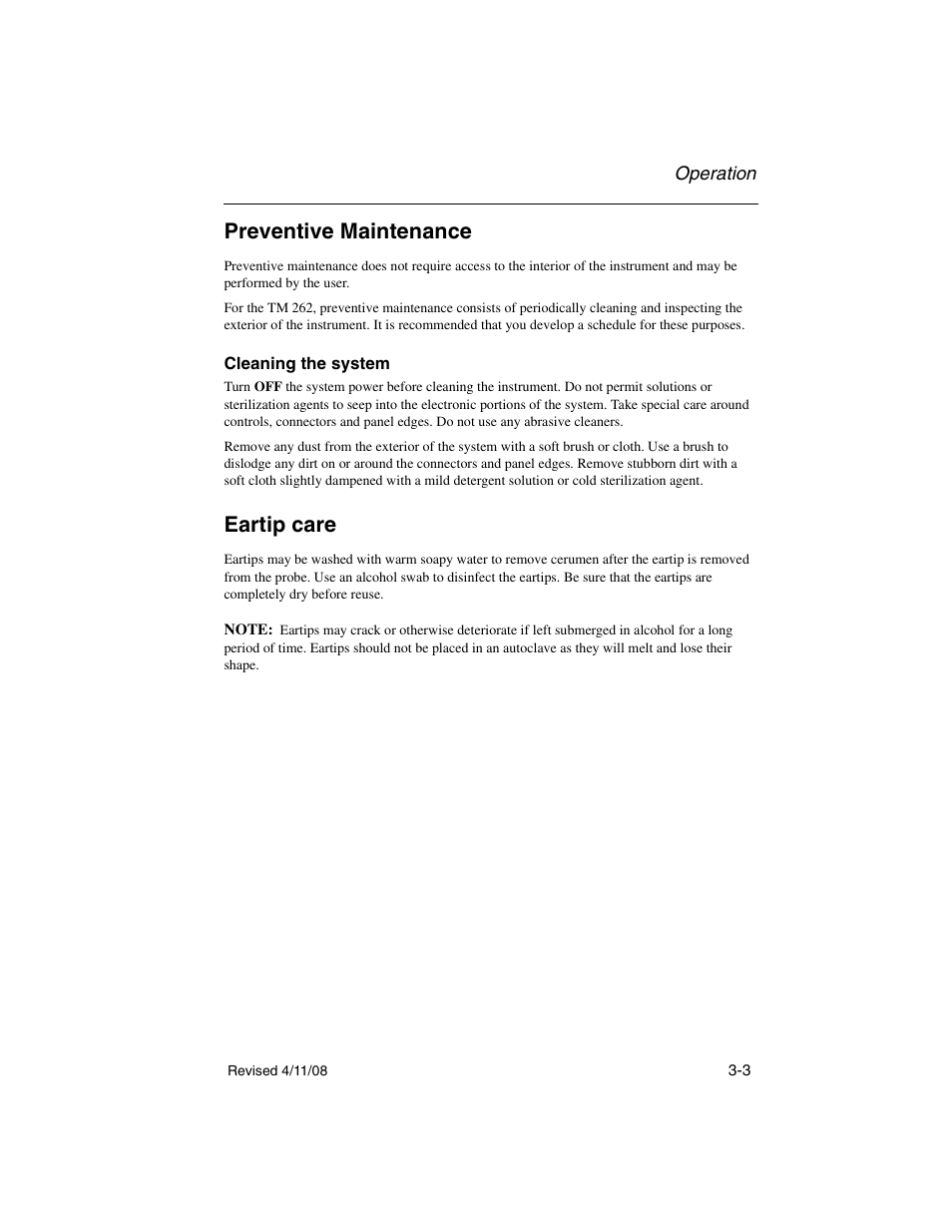 Preventive maintenance, Cleaning the system, Eartip care | Preventive maintenance -3 cleaning the system -3, Eartip care -3 | Welch Allyn TM 262 Auto Tymp - User Manual User Manual | Page 37 / 92