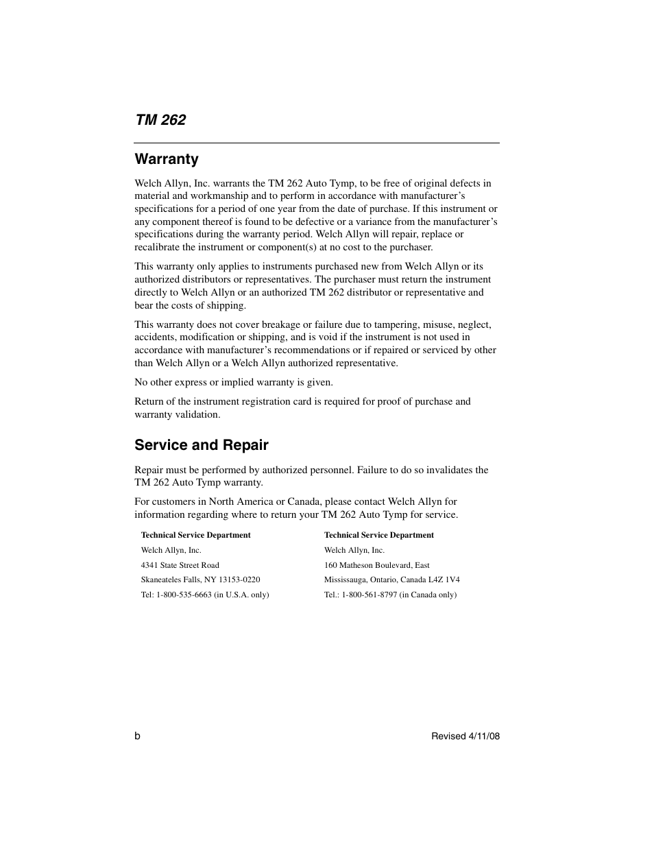 Warranty, Service and repair, Tm 262 | Welch Allyn TM 262 Auto Tymp - User Manual User Manual | Page 4 / 92