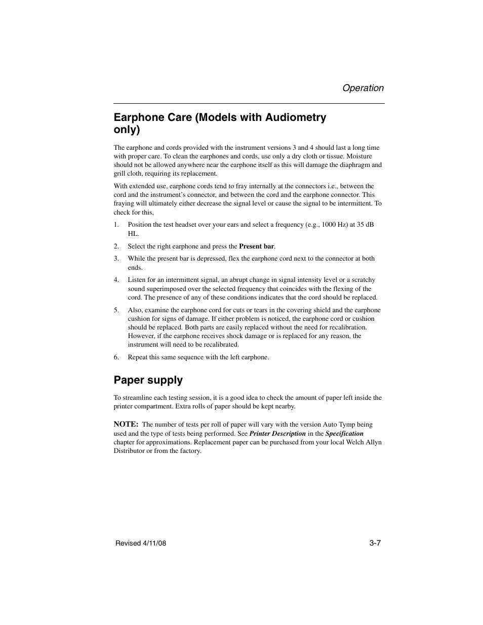 Earphone care (models with audiometry only), Paper supply, Earphone care (models with audiometry only) -7 | Paper supply -7, Operation | Welch Allyn TM 262 Auto Tymp - User Manual User Manual | Page 41 / 92