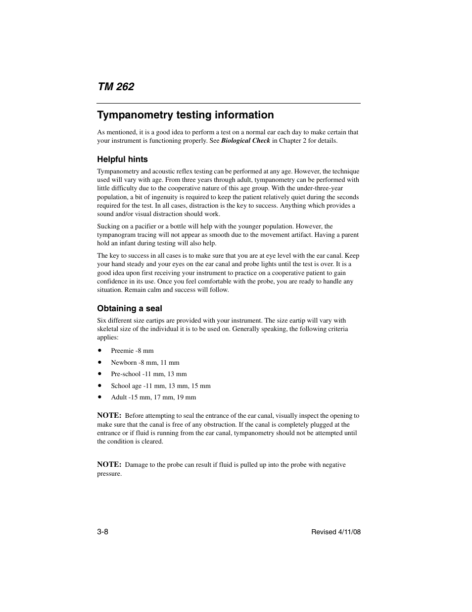 Tympanometry testing information, Helpful hints, Obtaining a seal | Obtaining a seal -8, Tm 262 | Welch Allyn TM 262 Auto Tymp - User Manual User Manual | Page 42 / 92
