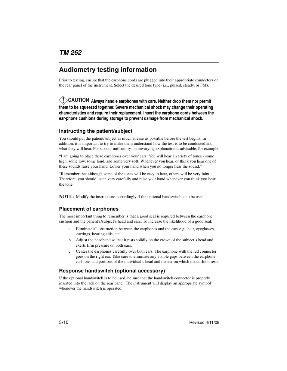 Audiometry testing information, Instructing the patient/subject, Placement of earphones | Response handswitch (optional accessory), Tm 262 | Welch Allyn TM 262 Auto Tymp - User Manual User Manual | Page 44 / 92