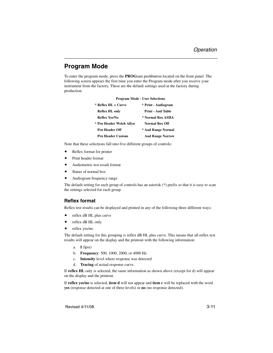 Program mode, Reflex format, Program mode -11 reflex format -11 | Operation | Welch Allyn TM 262 Auto Tymp - User Manual User Manual | Page 45 / 92