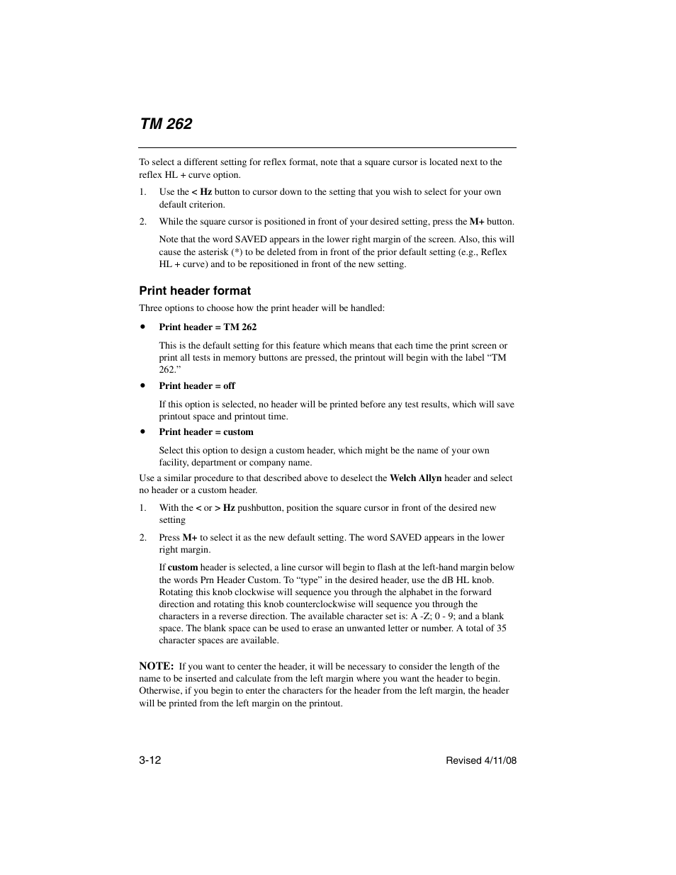 Print header format, Print header format -12, Tm 262 | Welch Allyn TM 262 Auto Tymp - User Manual User Manual | Page 46 / 92