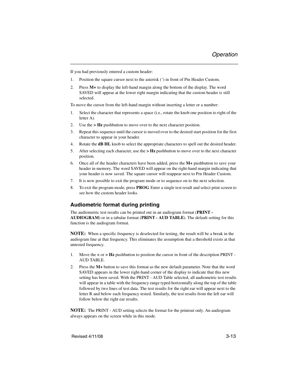 Audiometric format during printing, Audiometric format during printing -13, Operation | Welch Allyn TM 262 Auto Tymp - User Manual User Manual | Page 47 / 92