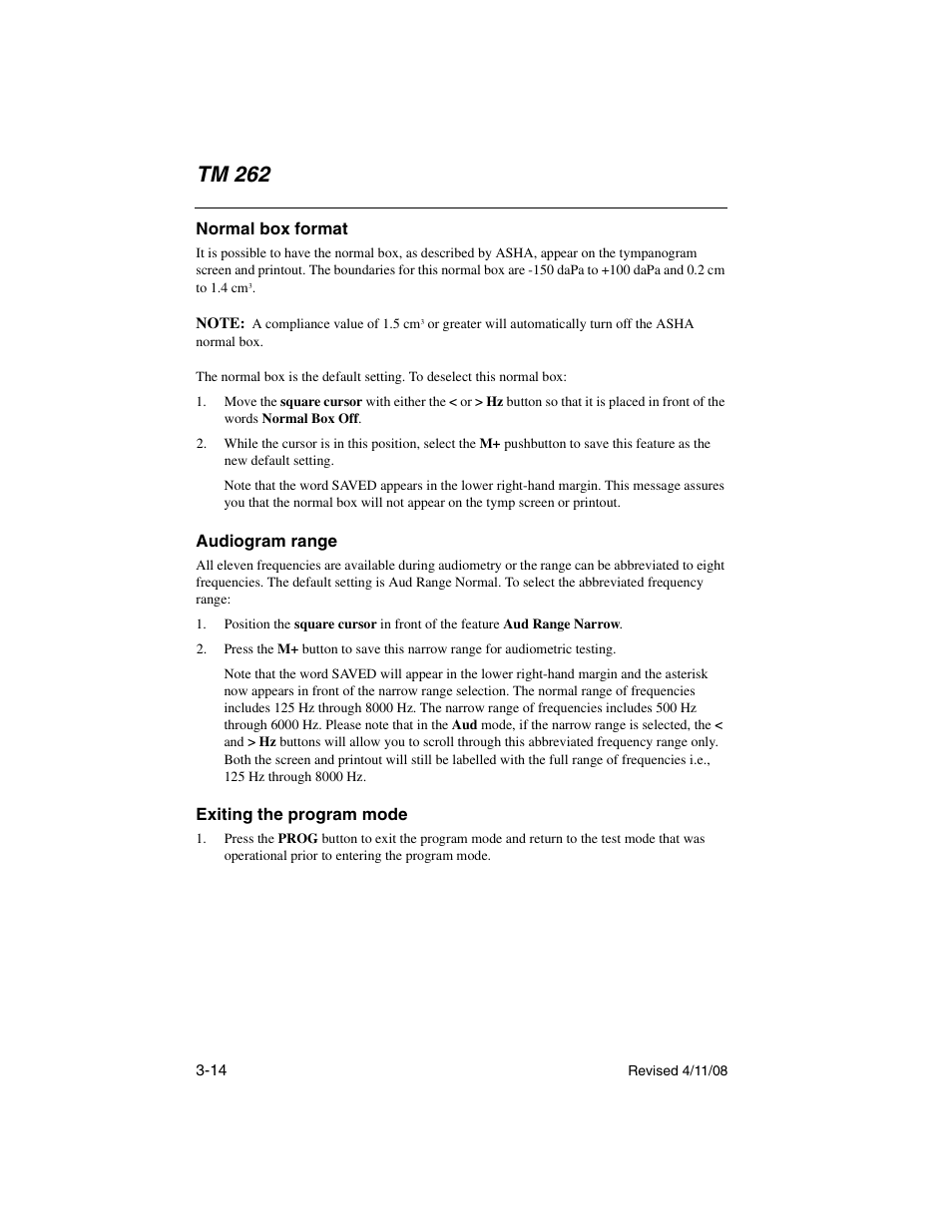 Normal box format, Audiogram range, Exiting the program mode | Tm 262 | Welch Allyn TM 262 Auto Tymp - User Manual User Manual | Page 48 / 92