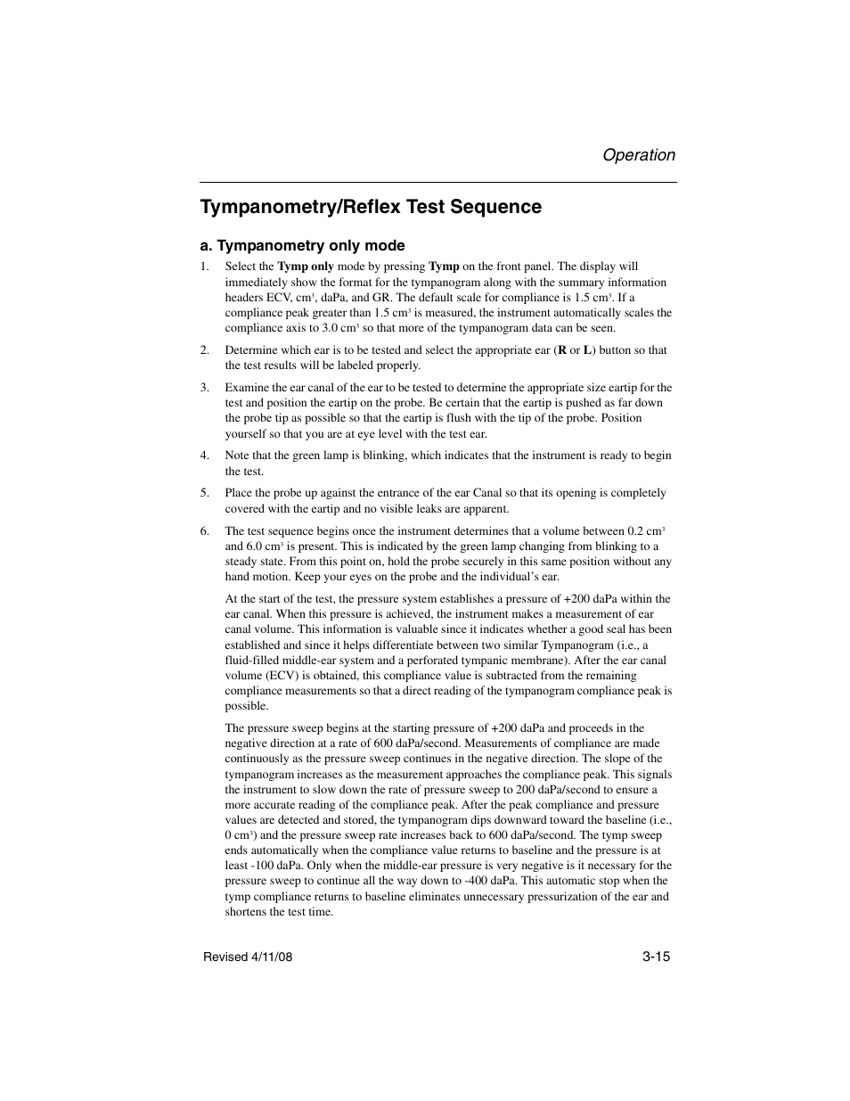 Tympanometry/reflex test sequence, A. tympanometry only mode, Operation | Welch Allyn TM 262 Auto Tymp - User Manual User Manual | Page 49 / 92