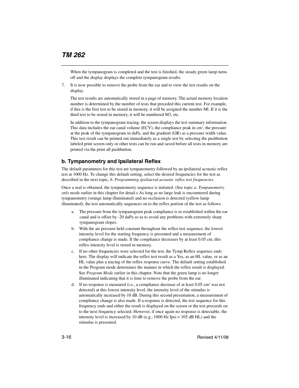 B. tympanometry and ipsilateral reflex, B. tympanometry and ipsilateral reflex -16, Tm 262 | Welch Allyn TM 262 Auto Tymp - User Manual User Manual | Page 50 / 92