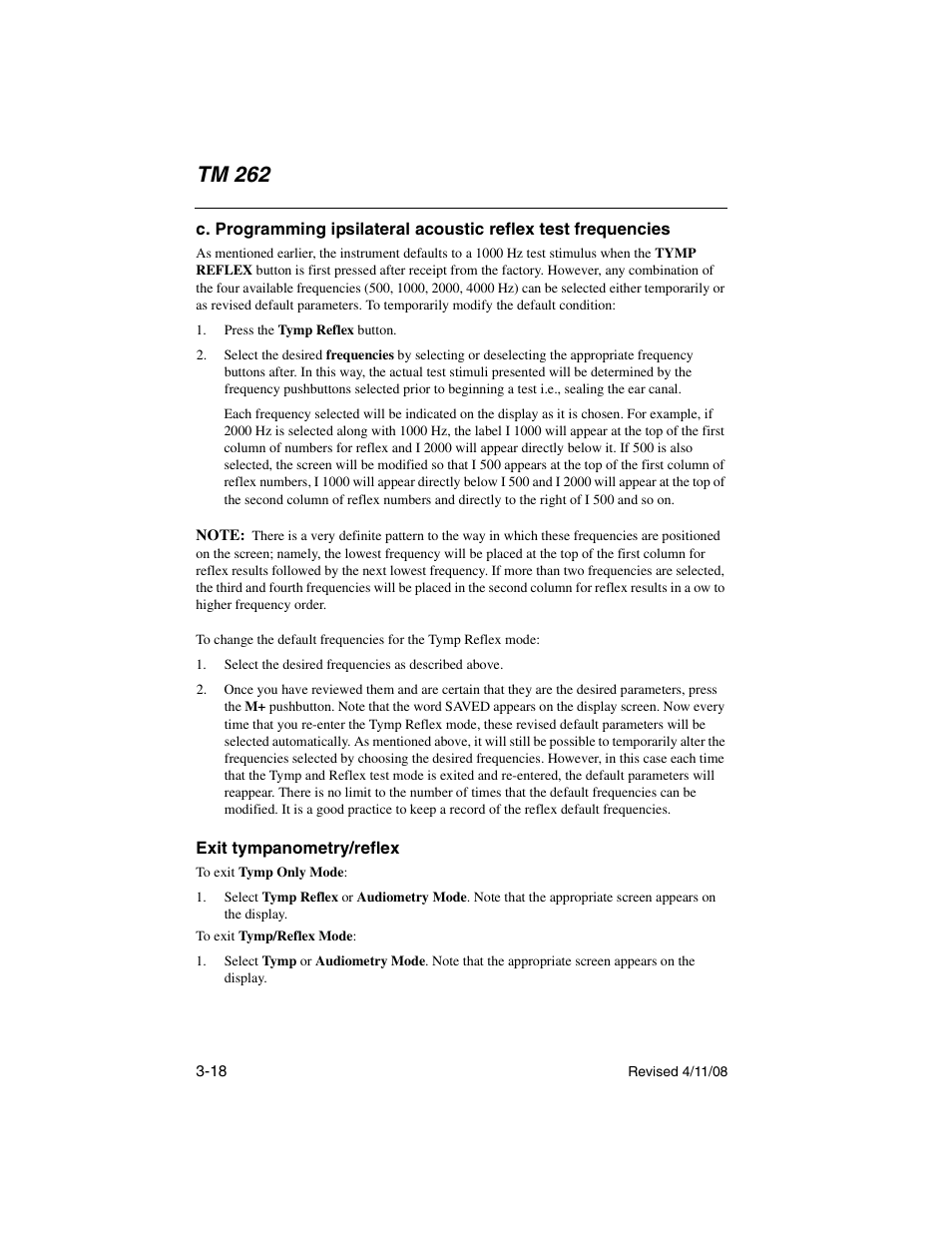 Exit tympanometry/reflex, Tm 262 | Welch Allyn TM 262 Auto Tymp - User Manual User Manual | Page 52 / 92
