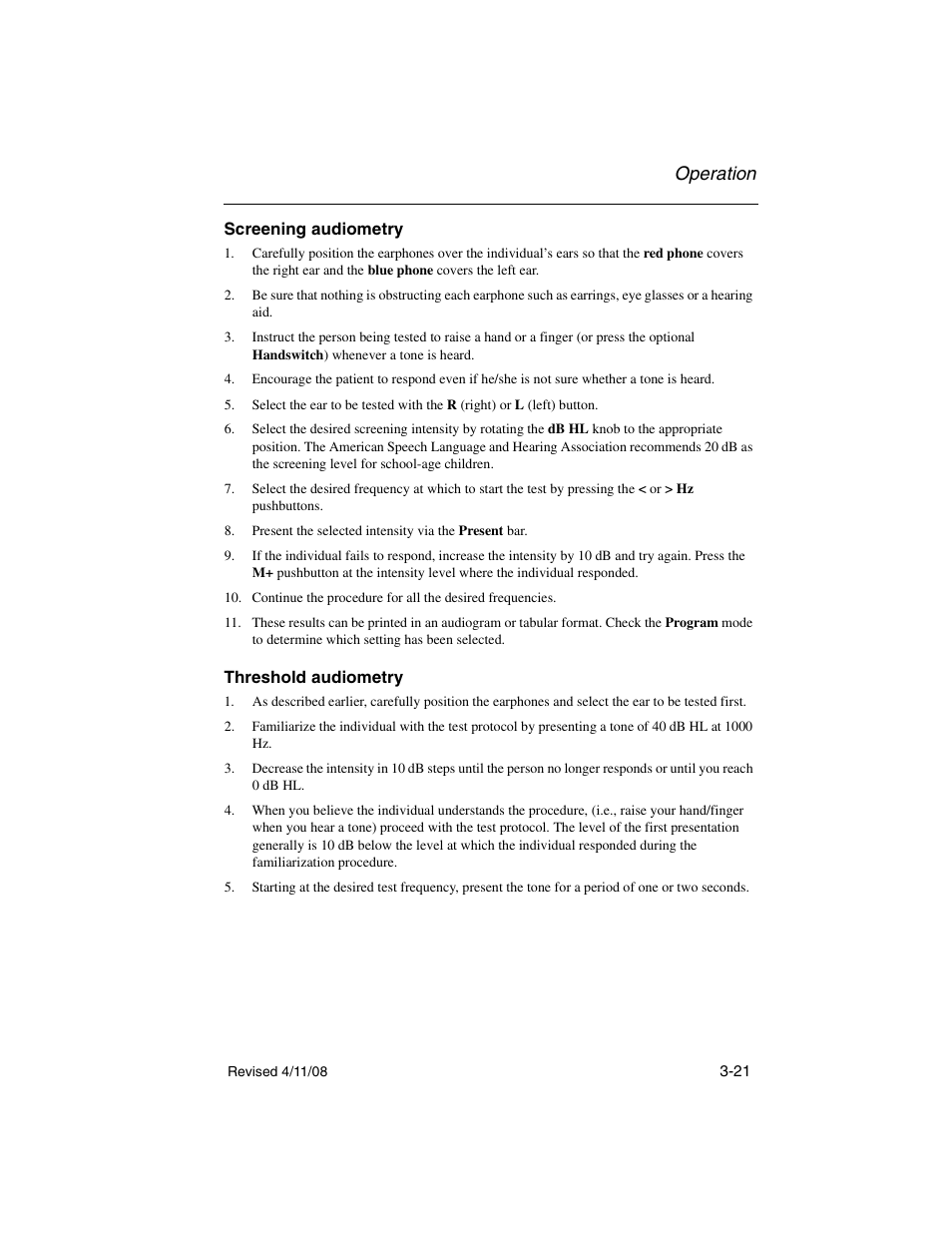 Screening audiometry, Threshold audiometry, Screening audiometry -21 threshold audiometry -21 | Operation | Welch Allyn TM 262 Auto Tymp - User Manual User Manual | Page 55 / 92