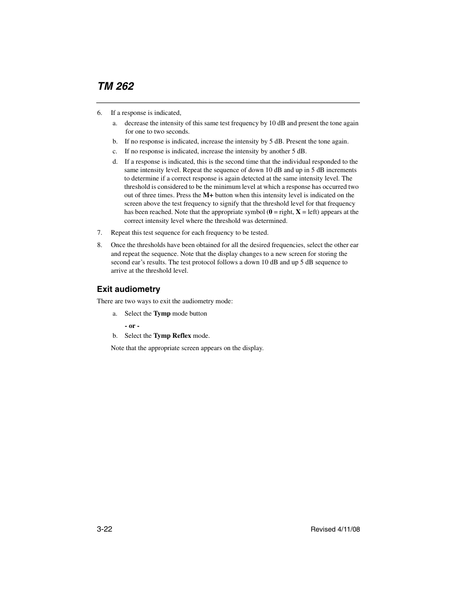 Exit audiometry, Exit audiometry -22, Tm 262 | Welch Allyn TM 262 Auto Tymp - User Manual User Manual | Page 56 / 92
