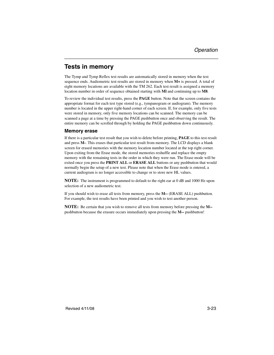 Tests in memory, Memory erase, Tests in memory -23 memory erase -23 | Operation | Welch Allyn TM 262 Auto Tymp - User Manual User Manual | Page 57 / 92