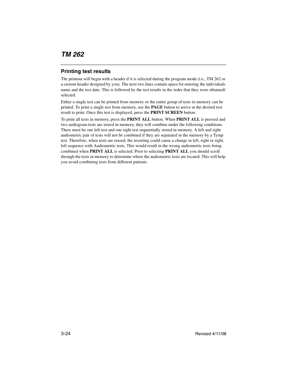 Printing test results, Printing test results -24, Tm 262 | Welch Allyn TM 262 Auto Tymp - User Manual User Manual | Page 58 / 92
