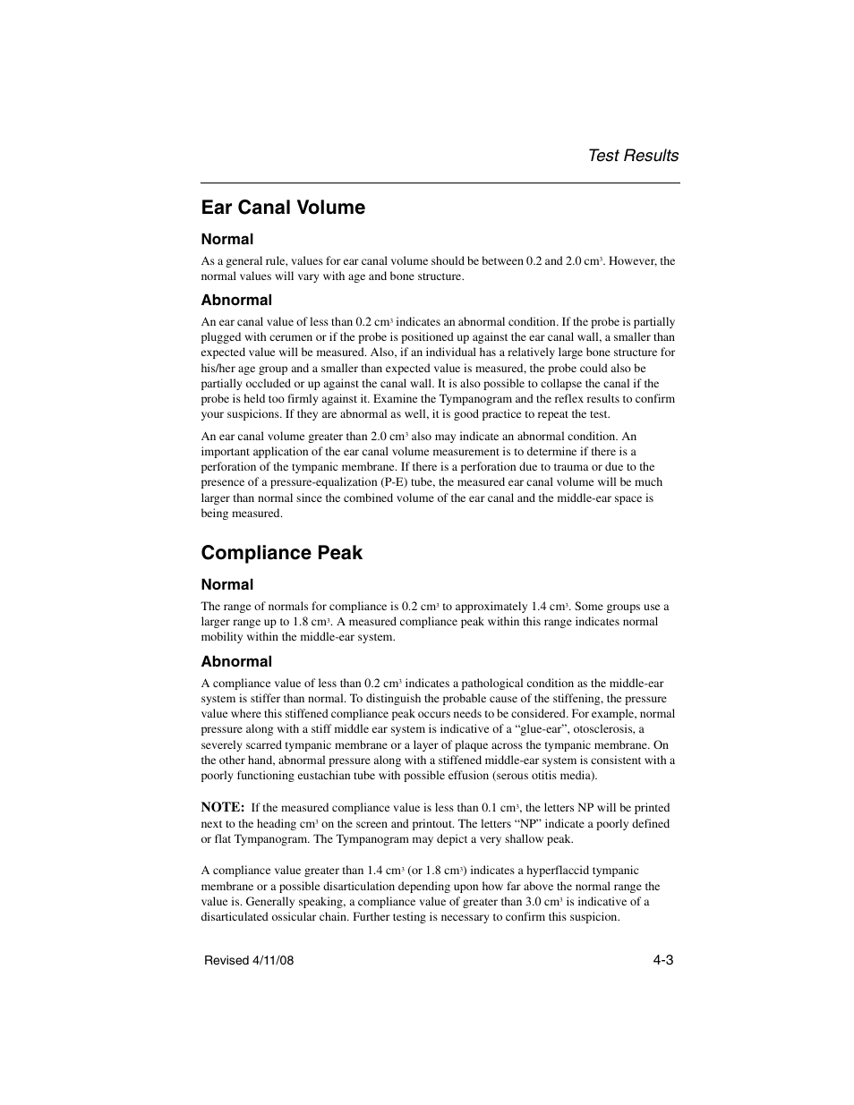 Ear canal volume, Normal, Abnormal | Compliance peak, Ear canal volume -3 normal -3 abnormal -3, Compliance peak -3 normal -3 abnormal -3, Test results | Welch Allyn TM 262 Auto Tymp - User Manual User Manual | Page 61 / 92