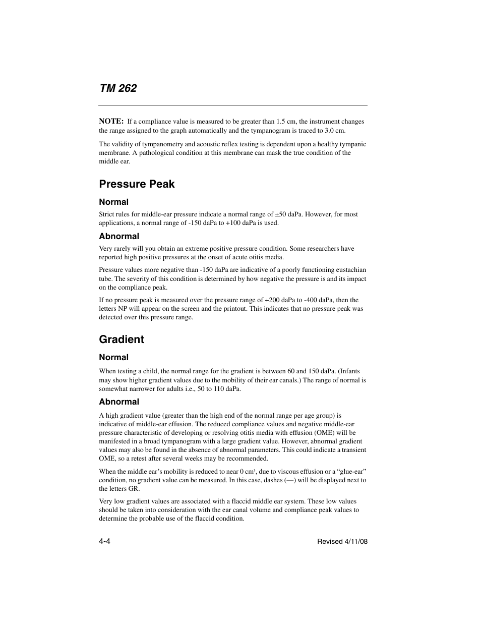 Pressure peak, Normal, Abnormal | Gradient, Pressure peak -4 normal -4 abnormal -4, Gradient -4, Tm 262 | Welch Allyn TM 262 Auto Tymp - User Manual User Manual | Page 62 / 92
