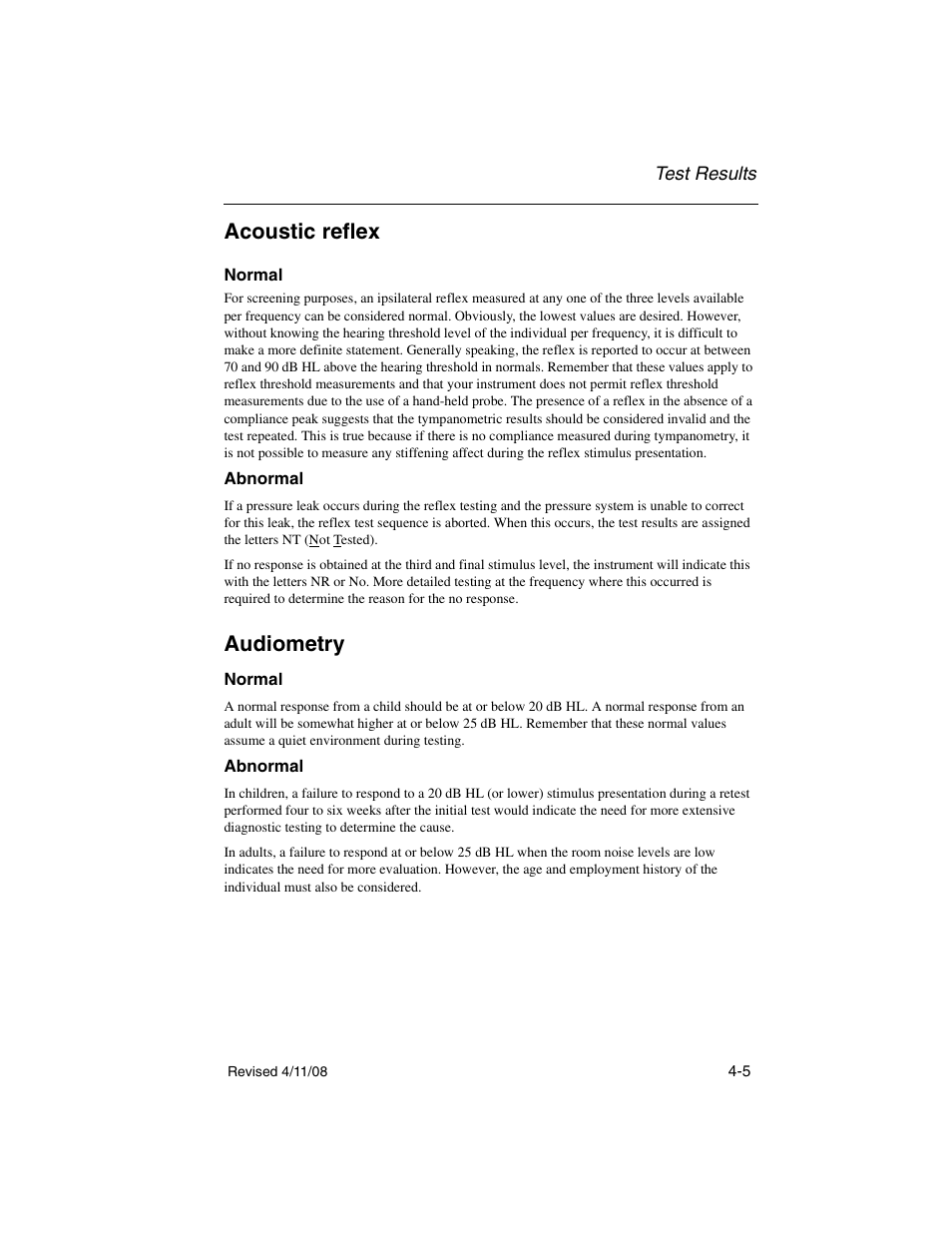 Acoustic reflex, Normal, Audiometry | Acoustic reflex -5 normal -5, Audiometry -5 | Welch Allyn TM 262 Auto Tymp - User Manual User Manual | Page 63 / 92