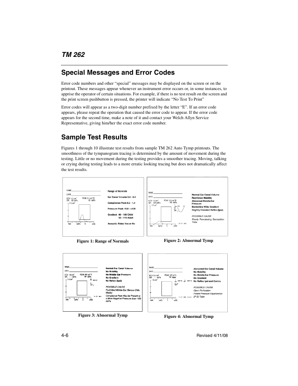 Special messages and error codes, Sample test results, Special messages and error codes -6 | Sample test results -6, Tm 262 | Welch Allyn TM 262 Auto Tymp - User Manual User Manual | Page 64 / 92