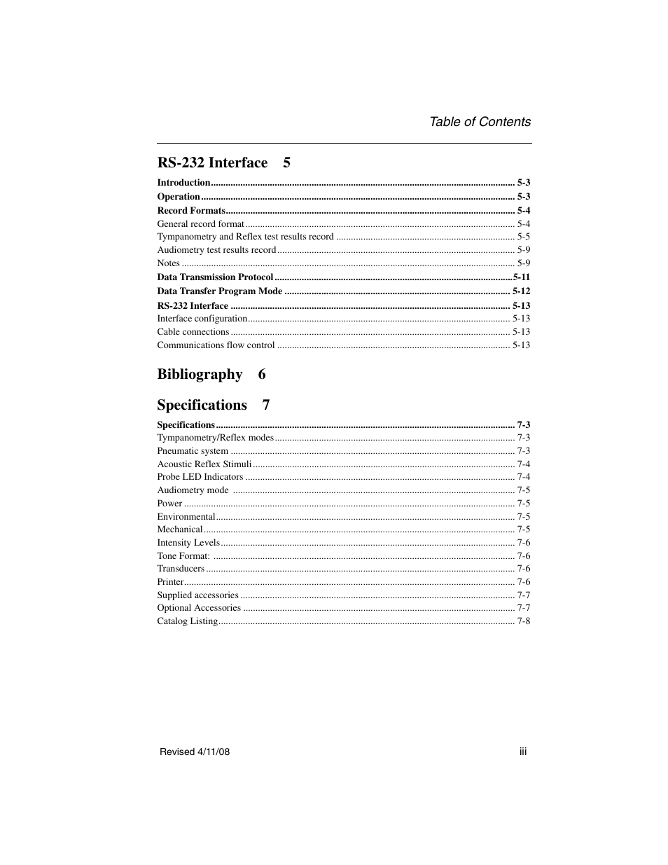 Rs-232 interface 5, Bi bliography 6 sp ecifications 7 | Welch Allyn TM 262 Auto Tymp - User Manual User Manual | Page 7 / 92