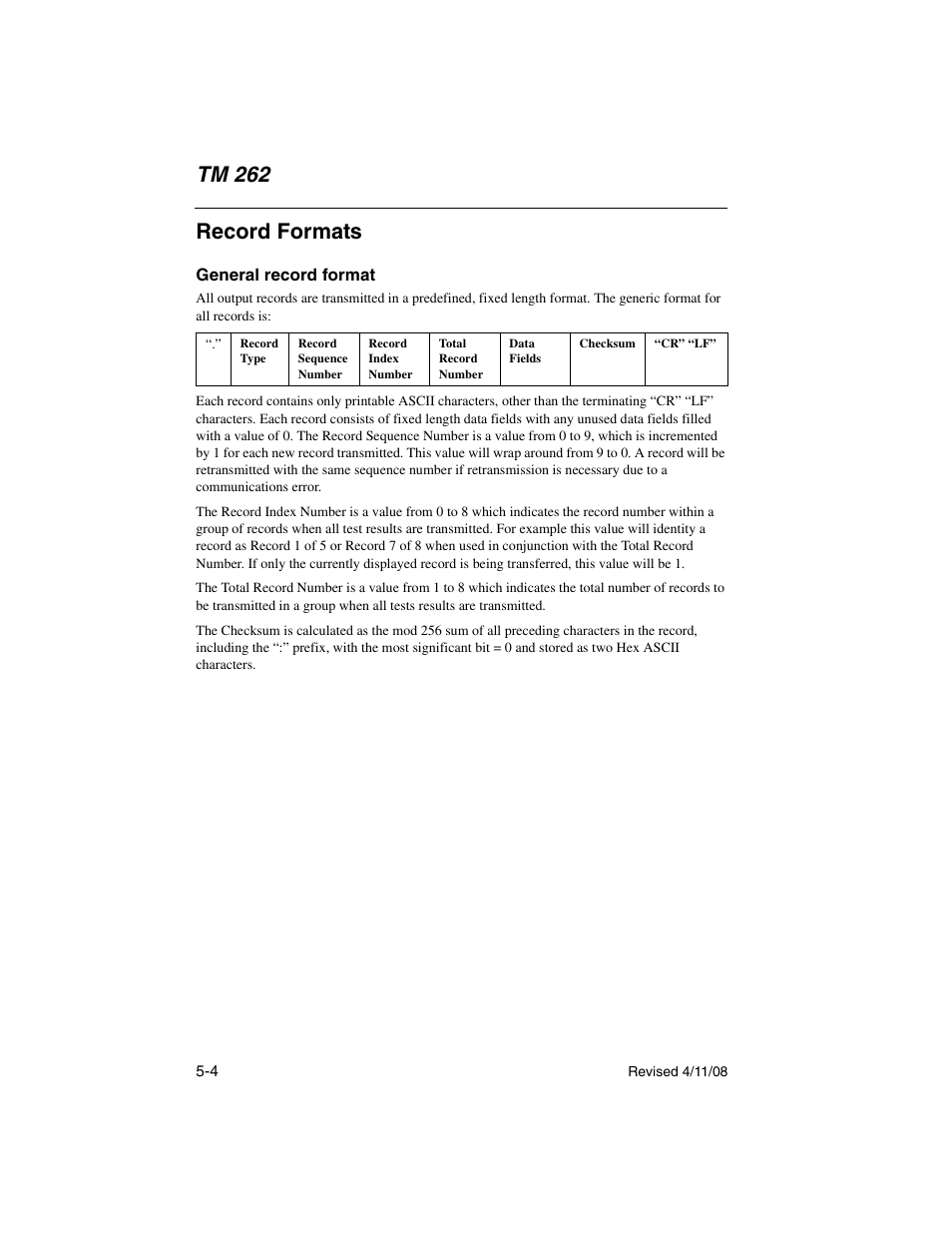 Record formats, General record format, Record formats -4 general record format -4 | Tm 262 | Welch Allyn TM 262 Auto Tymp - User Manual User Manual | Page 70 / 92