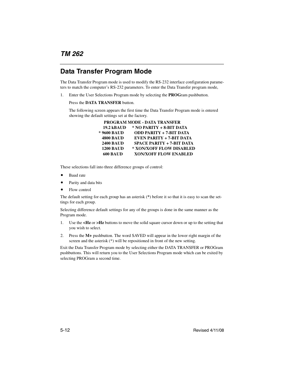 Data transfer program mode, Data transfer program mode -12, Tm 262 | Welch Allyn TM 262 Auto Tymp - User Manual User Manual | Page 78 / 92