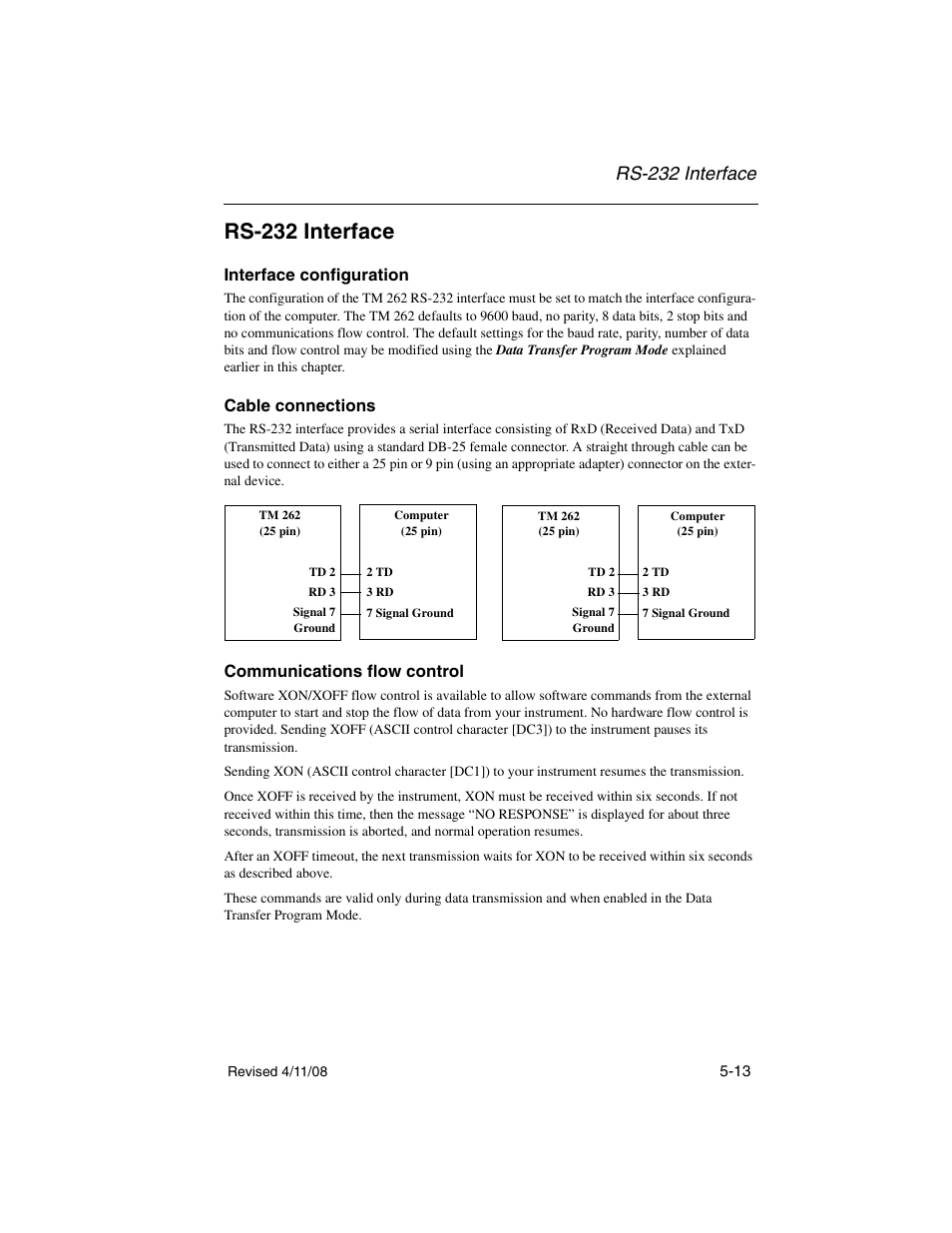 Rs-232 interface, Interface configuration, Cable connections | Communications flow control | Welch Allyn TM 262 Auto Tymp - User Manual User Manual | Page 79 / 92