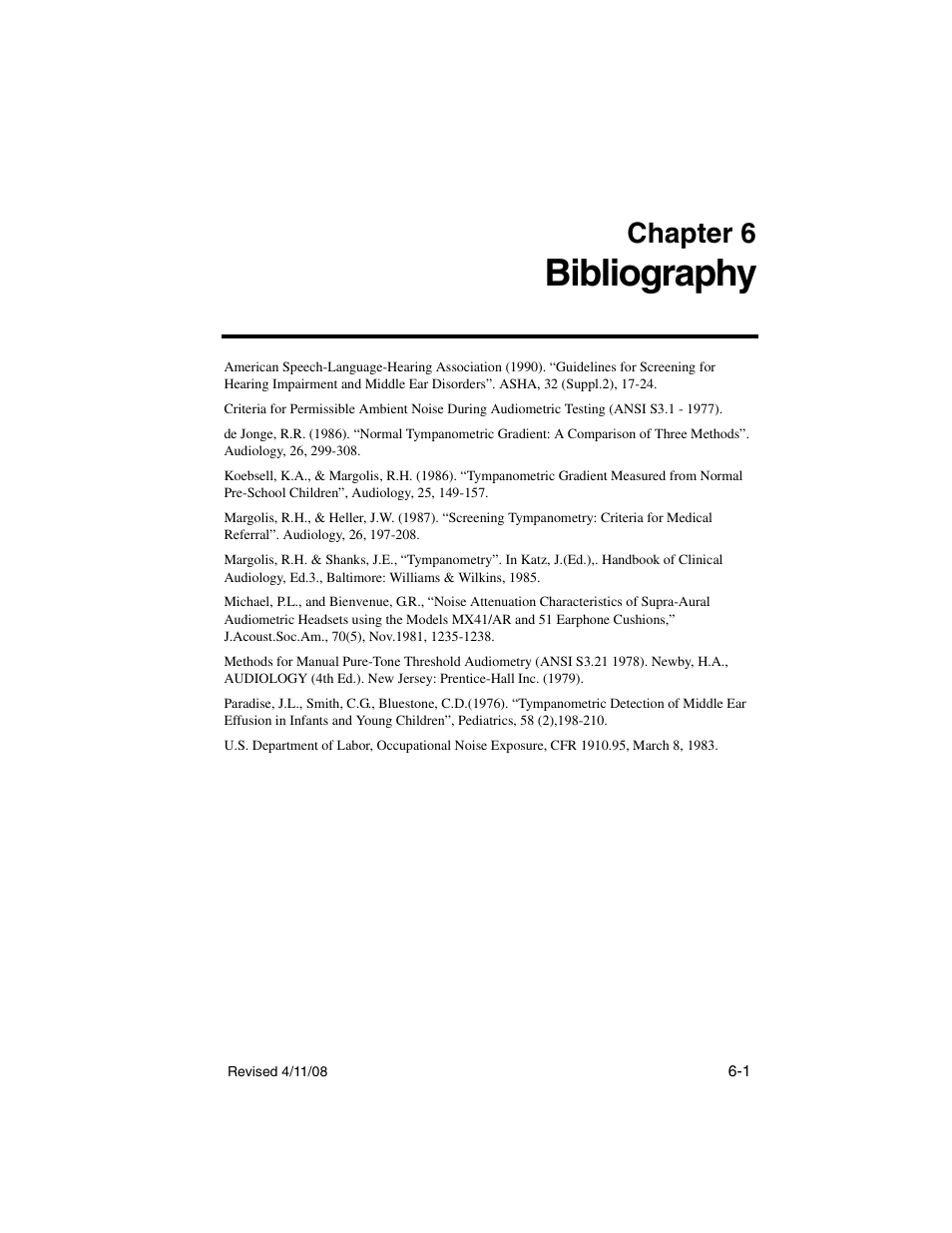 Bibliography, Chapter 6 | Welch Allyn TM 262 Auto Tymp - User Manual User Manual | Page 81 / 92