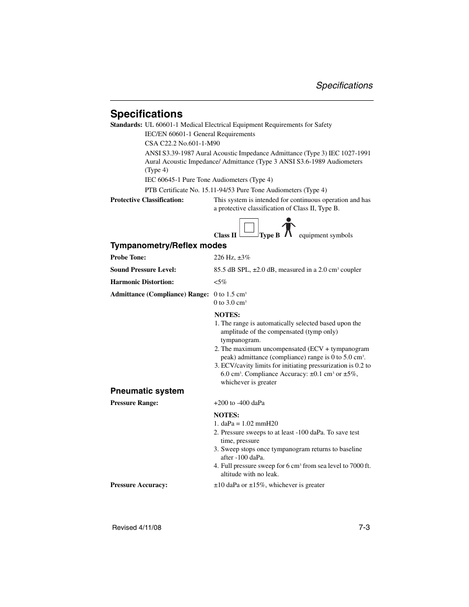 Specifications, Tympanometry/reflex modes, Pneumatic system | Welch Allyn TM 262 Auto Tymp - User Manual User Manual | Page 85 / 92