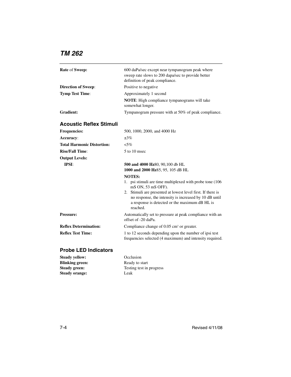 Acoustic reflex stimuli, Probe led indicators, Acoustic reflex stimuli -4 probe led indicators -4 | Tm 262 | Welch Allyn TM 262 Auto Tymp - User Manual User Manual | Page 86 / 92