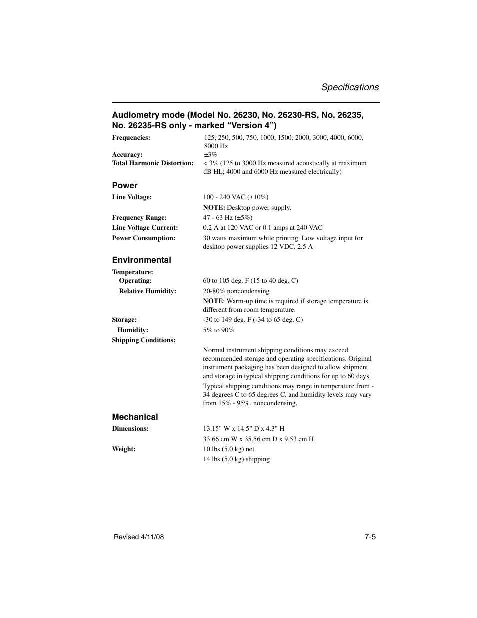 Power, Environmental, Mechanical | Specifications | Welch Allyn TM 262 Auto Tymp - User Manual User Manual | Page 87 / 92