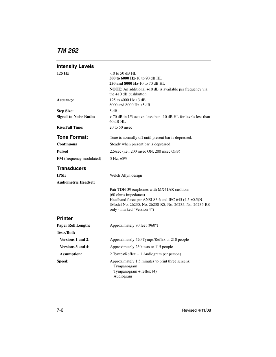 Intensity levels, Transducers, Printer | Tm 262 | Welch Allyn TM 262 Auto Tymp - User Manual User Manual | Page 88 / 92