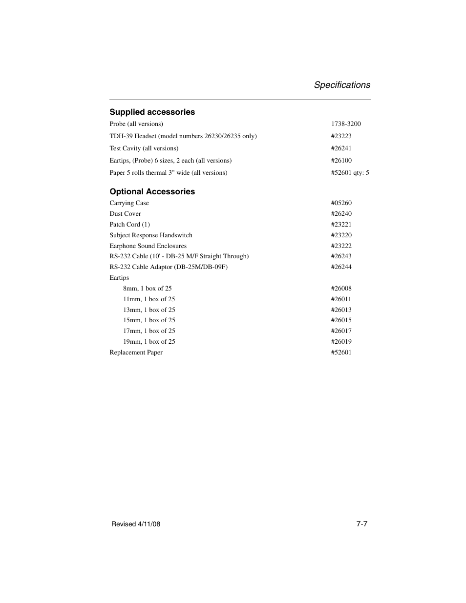 Supplied accessories, Optional accessories, Supplied accessories -7 optional accessories -7 | Specifications | Welch Allyn TM 262 Auto Tymp - User Manual User Manual | Page 89 / 92