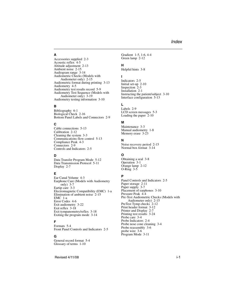 Index | Welch Allyn TM 262 Auto Tymp - User Manual User Manual | Page 91 / 92